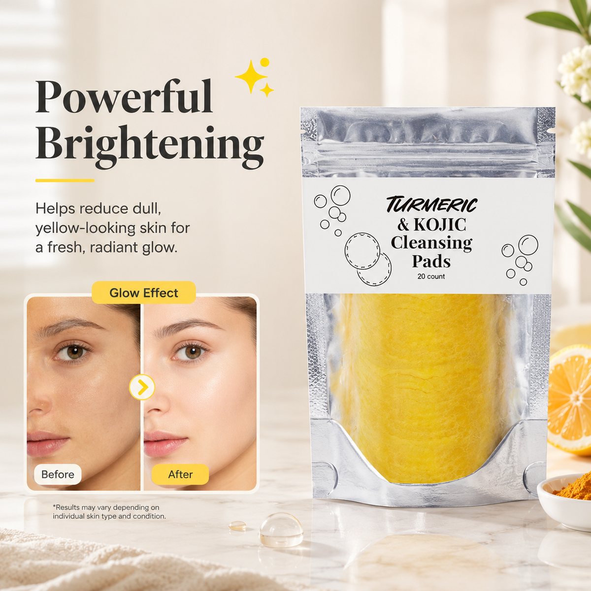 💛 80K+ Loved! 🌿 Natural Kojic Acid + Turmeric Facial Pads | Gentle Brightening Skin Ritual