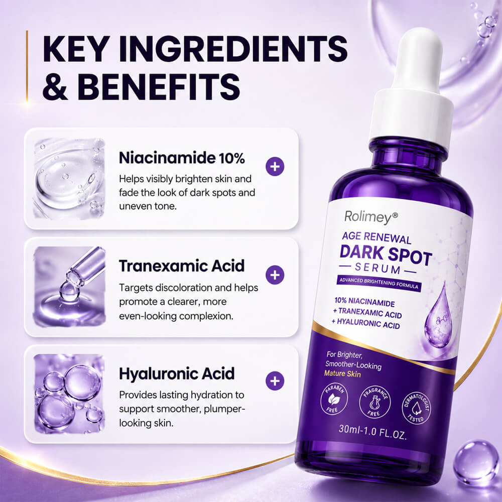 Rolimey® Age Renewal Dark Spot Serum — Infused with 10% Niacinamide, Tranexamic Acid & Hyaluronic Acid for Brighter, Smoother-Looking Mature Skin