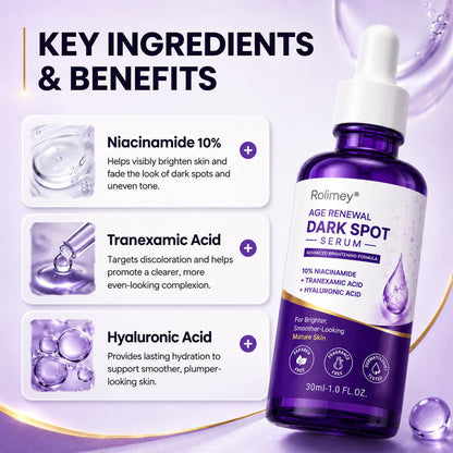 Rolimey® Age Renewal Dark Spot Serum — Infused with 10% Niacinamide, Tranexamic Acid & Hyaluronic Acid for Brighter, Smoother-Looking Mature Skin