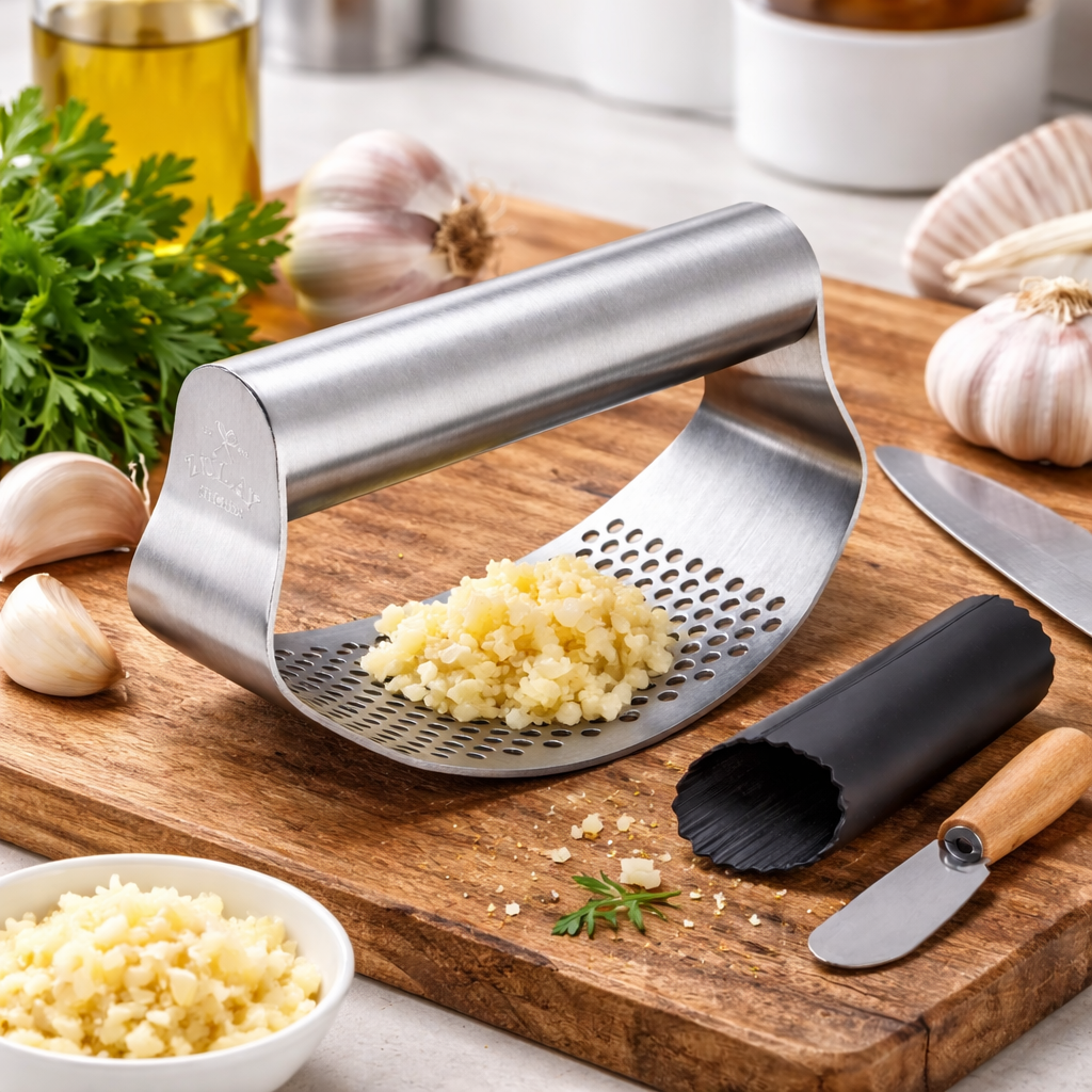 Beluvora® Stainless Steel Garlic Press Rocker Garlic Crusher Manual Garlic Mincer Kitchen Tool with Peeler