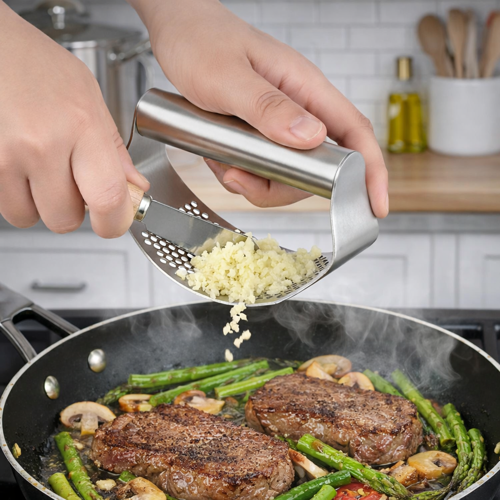 Beluvora® Stainless Steel Garlic Press Rocker Garlic Crusher Manual Garlic Mincer Kitchen Tool with Peeler