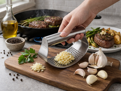 Beluvora® Stainless Steel Garlic Press Rocker Garlic Crusher Manual Garlic Mincer Kitchen Tool with Peeler