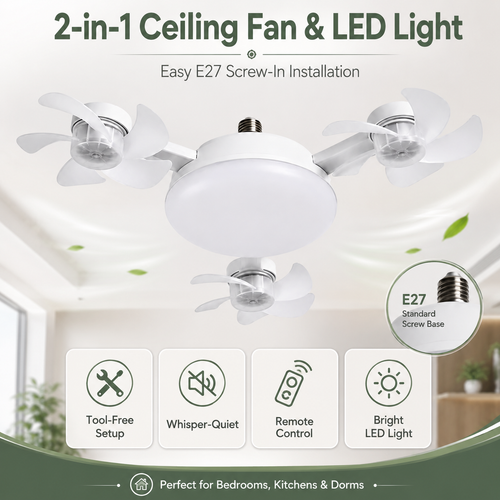 2-in-1  Socket Ceiling Fan Light - Silent LED Fan with Remote Control 💡🌀